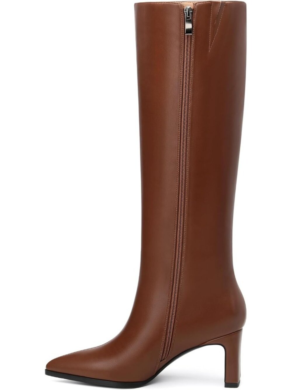 Women's Brown Pointed Toe Side Zipper Chunky Block High Heel Knee High Boots - Picture 4 of 5